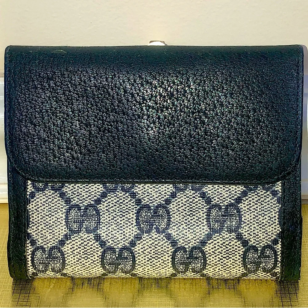 GUCCI GG Web Monogram Navy Blue Leather Coated Canvas Compact Bifold Wallet
